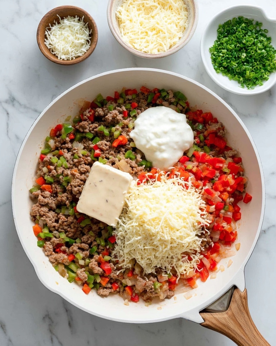 In a white pan with a light wooden handle, there is a mix of cooked ground meat with finely chopped green and red bell peppers and onions as the base layer. On top of this, there are three dollops of different creamy substances: one appears to be a thick white square block resembling cream cheese near the center, another is a smooth white dollop that looks like sour cream on the left, and the third is a beige, slightly chunky sauce covering a small part on the lower right side of the pan. Around the pan, there are small bowls filled with grated cheese on a white marbled surface. photo taken with an iphone --ar 4:5 --v 7