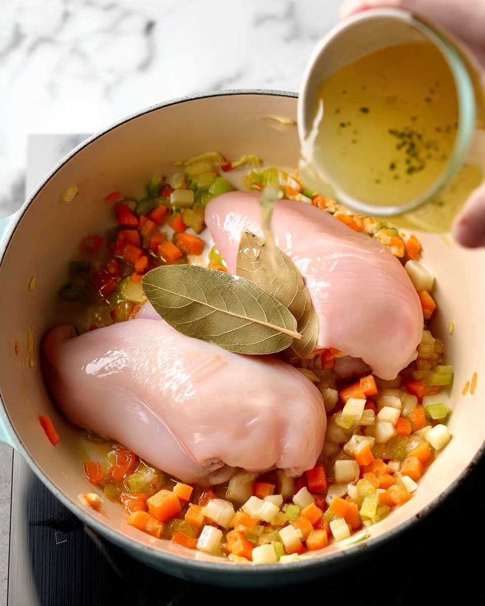 A white pot with two light pink raw chicken pieces placed on a bed of small diced orange carrots, light green celery, and translucent onions; two dry bay leaves rest between the chicken pieces. A woman's hand is pouring a light yellow broth with green flecks over the chicken and vegetables inside the pot, which sits on a black stove and a white marbled surface. photo taken with an iphone --ar 4:5 --v 7