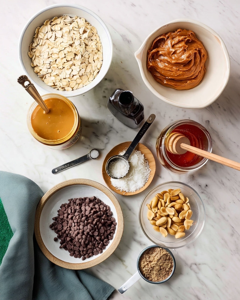The image shows various baking ingredients neatly placed on a white marbled surface. There is a large white bowl filled with pale rolled oats in the top left, and a glass jar of smooth light brown peanut butter with a silver spoon on its left side. A small black bottle and a metal measuring spoon with white salt sit near the center. A small wooden plate holds shredded white coconut with a metal measuring cup resting on it. To the right, a glass jar of golden honey with a wooden honey dipper inside is next to a clear glass bowl full of golden roasted peanuts. At the bottom left, a white bowl with a beige outer rim is full of many small dark chocolate chips. To the bottom right, a small white cup contains crushed brown flax seeds. A beige mixing bowl with a shiny metal scoop inside is seen in the top right. A green cloth napkin is at the bottom left corner. Photo taken with an iphone --ar 4:5 --v 7