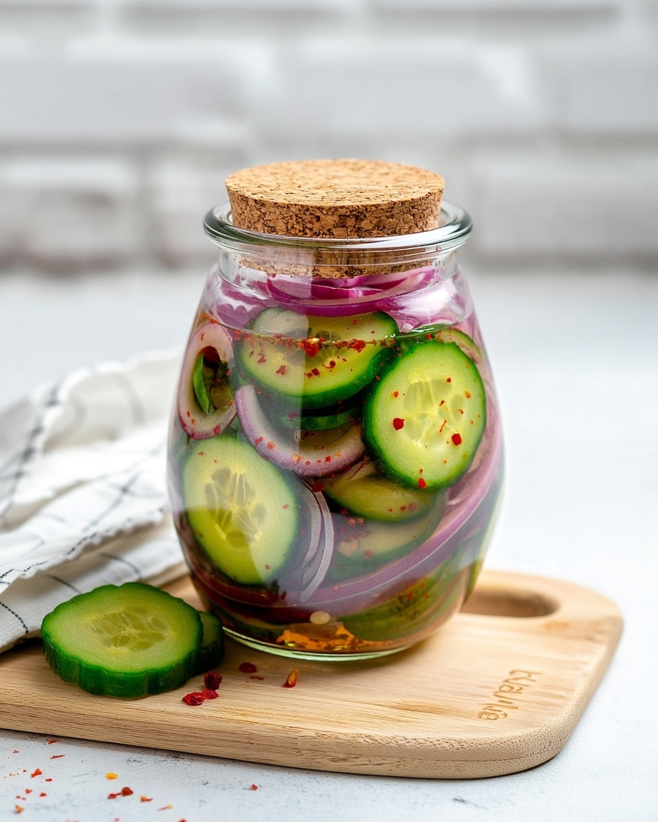 A clear glass jar with a cork lid filled with several layers of thinly sliced round cucumber pieces and rings of purple red onion, all submerged in a clear brine liquid with small red chili flakes scattered throughout. The jar sits on a light wooden board, with part of a white cloth with thin black stripes visible to the left. The background is a white marbled texture. photo taken with an iphone --ar 4:5 --v 7