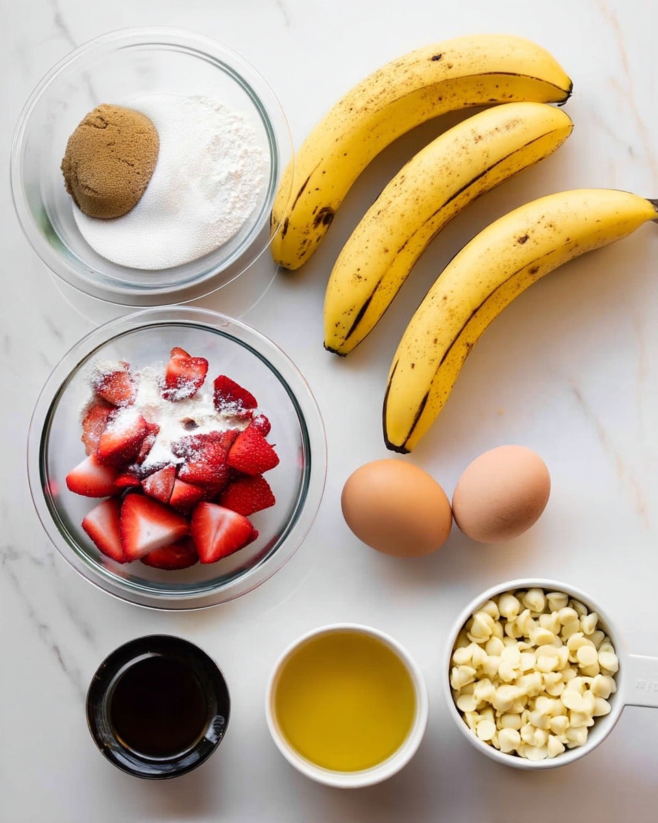 The image shows a clean, white marbled surface with various ingredients neatly arranged. There are three yellow bananas with some brown spots, placed near the center. To the left, three clear glass bowls hold different items: the top one contains white flour, the middle one has sliced red strawberries dusted with white powder, and the bottom one contains both white and brown sugar. On the right side, two brown eggs and a small white bowl of salt are lined up. Near the bottom, there is a small black cup with dark vanilla extract, a small white bowl with yellow melted butter, and a white measuring cup filled with white chocolate chips. The scene looks bright and well-organized, photo taken with an iphone --ar 4:5 --v 7