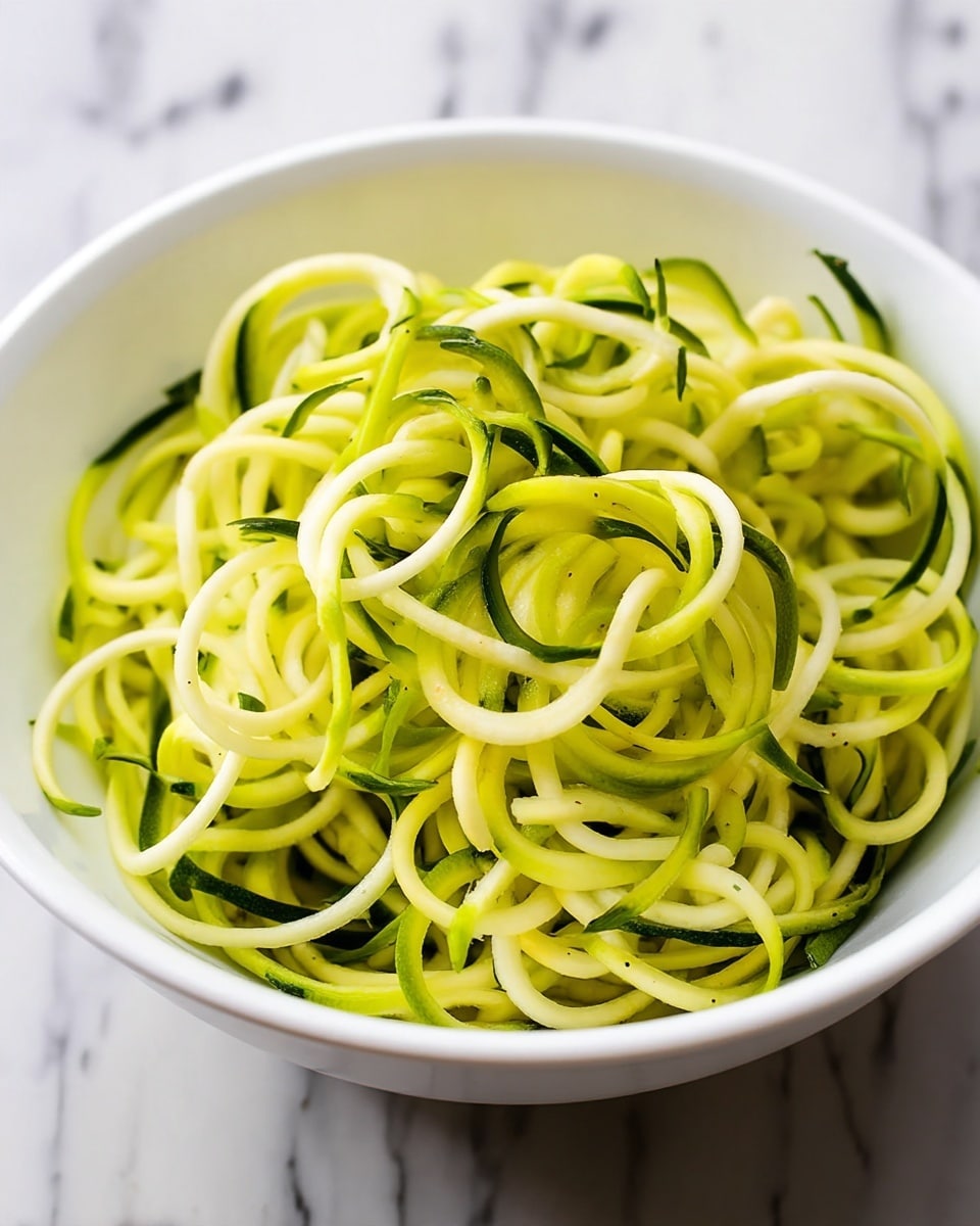 A white bowl filled with spiral-shaped zucchini noodles, the noodles have a mix of light green and dark green edges with a fresh, slightly shiny texture. The zucchini spirals are loosely piled in the bowl, showing their curly shapes and soft yet firm appearance. The bowl rests on a white marbled surface. photo taken with an iphone --ar 4:5 --v 7