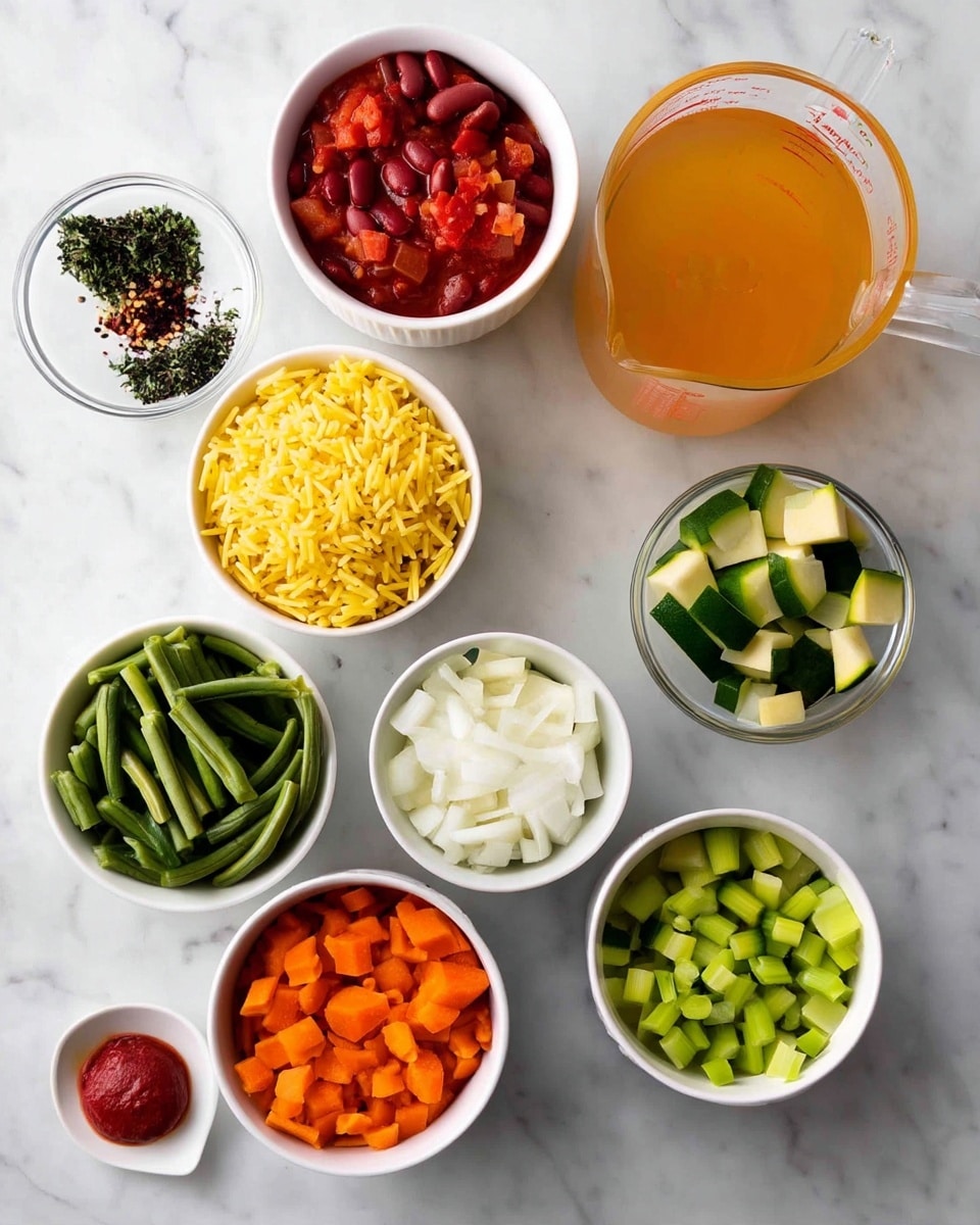 The image shows an overhead view of several small white bowls and glass containers arranged neatly on a white marbled surface. The bowls contain different ingredients including two kinds of beans (one dark red, one pale), diced tomatoes in a sauce, chopped white onions, yellow pasta, chopped green zucchini, chopped green beans, chopped green celery, chopped orange carrots, finely minced garlic, a small amount of yellow oil, a deep red paste, and a small white dish with dark green herbs and red pepper flakes. There is also a glass measuring cup filled with a light orange broth or liquid. The scene is clean and bright, with the ingredients clearly separated and vivid in color photo taken with an iphone --ar 4:5 --v 7