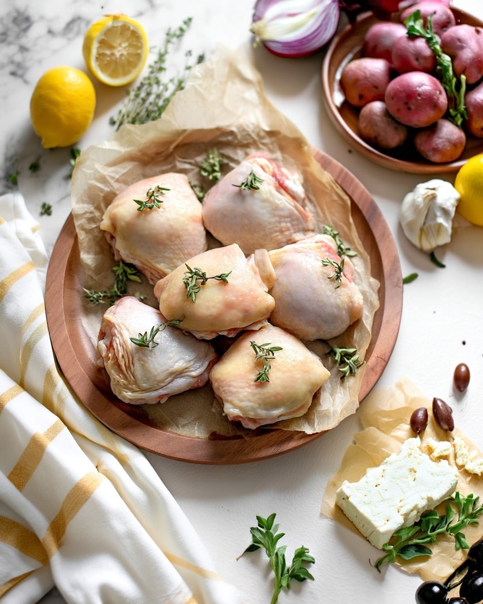 A round wooden plate holds six raw chicken thighs with a light pale pink color, each topped with small green herb sprigs, placed on crinkled parchment paper. Behind the plate, a bowl filled with small red potatoes is on a white marbled surface, along with a halved red onion, garlic bulb, lemon, and more scattered green herbs. In the foreground on the right, a block of white cheese rests on parchment paper with a few dark olives and green herbs around it. A white cloth with pale yellow stripes is draped slightly in the bottom left corner. The overall scene is bright and fresh with a focus on natural textures and colors, photo taken with an iphone --ar 4:5 --v 7