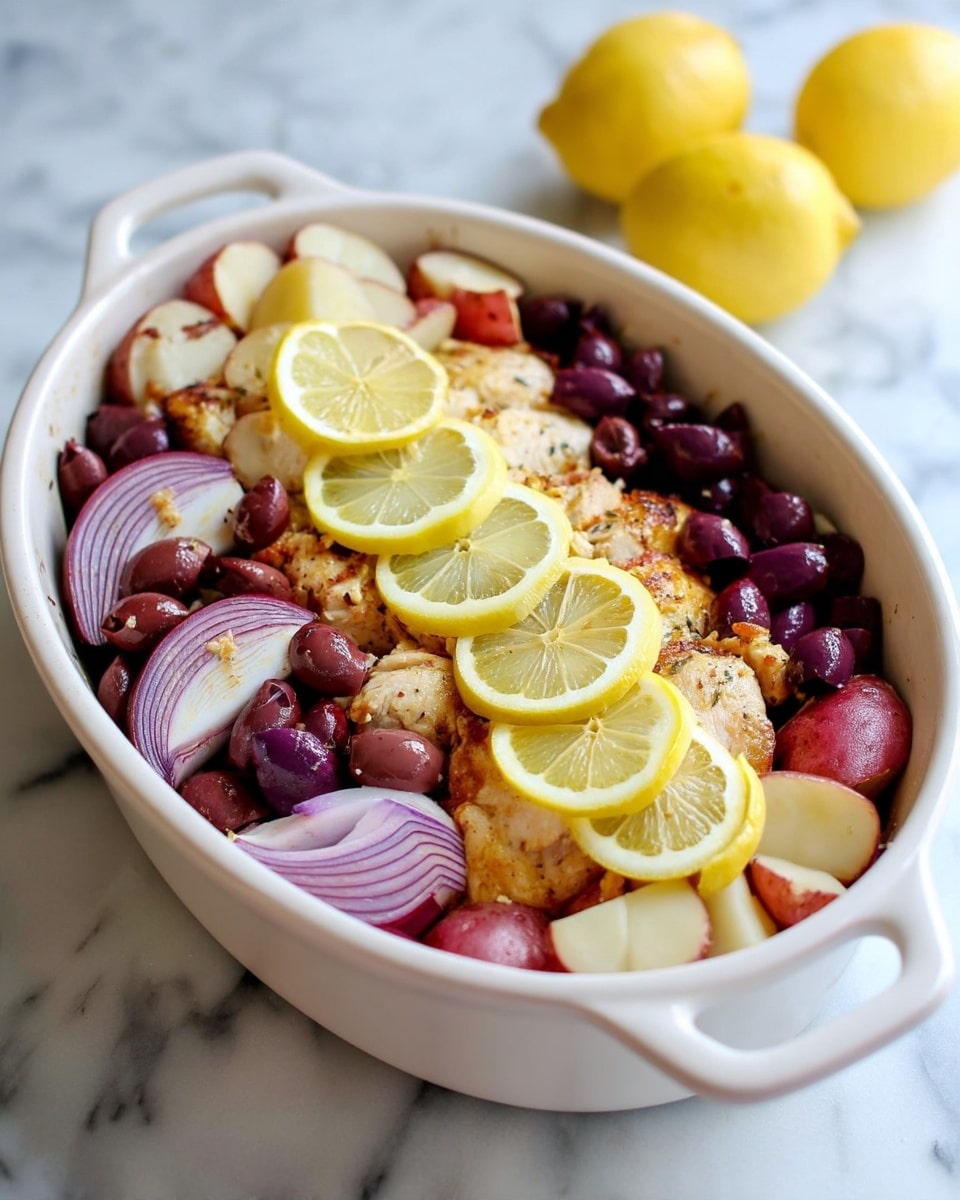 The image shows a white oval pot filled with a colorful mix of food layers. The bottom layer contains golden brown cooked chicken, topped with scattered dark purple olives. Above that, there are thick wedges of red onion with purple and white rings, and chunks of red potatoes with pale cream insides. On top of everything are thin lemon slices, adding a bright yellow contrast. A woman's hand with red polished nails is placing one lemon slice into the pot. The pot is sitting on a white marbled surface and there is some green leafy garnish blurred in the background photo taken with an iphone --ar 4:5 --v 7