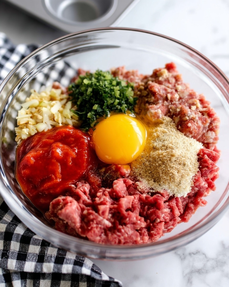 A clear glass bowl filled with several separate ingredients arranged in sections inside. The bottom portion has bright red ground meat with a coarse texture. Above this, to the right, is a light brown powdery layer of breadcrumbs beside a raw yellow egg yolk and a smooth dollop of pale mustard. To the left of the egg yolk is a pile of green finely chopped herbs. Above the herbs is a pile of minced white garlic cloves, and to the right of the garlic is a bright red smooth tomato sauce. The bowl sits on a white marbled surface, next to a silver muffin tin and a black-and-white checkered cloth. photo taken with an iphone --ar 4:5 --v 7