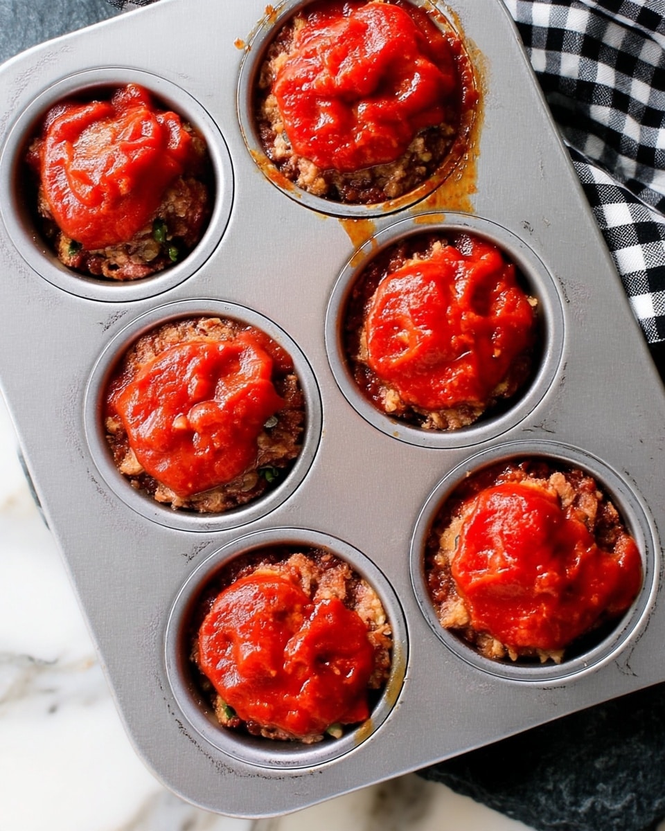 A close-up view of six small round meatloaf portions in a gray metal muffin tin, each topped with a bright red tomato sauce layer that looks smooth but chunky, covering the lightly browned textured meatloaf underneath. The muffin tin rests on a white marbled surface with a black and white checkered cloth partially visible in the top right corner. photo taken with an iphone --ar 4:5 --v 7