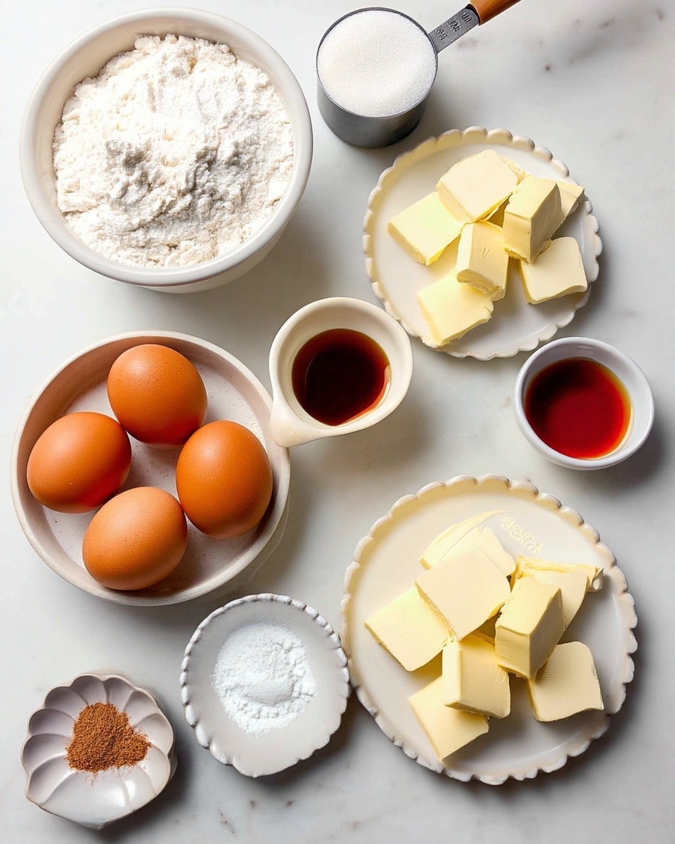 A white bowl filled with white flour is placed near the center bottom. To the right of it, two brown eggs sit in a small white bowl, next to a tiny white bowl containing a dark amber liquid, possibly vanilla extract. Above that, a white plate holds chunks of pale yellow butter. A metal measuring cup filled with white sugar and a wooden handle points to the top right, above the butter. To the left of the sugar, a small white bowl is filled with a creamy white substance, thick and smooth. Near the bottom left, a small shell-shaped white dish holds a small pile of brown spice. A small white dish containing white powder, likely baking powder or baking soda, is near the eggs. The background is a white marbled texture. photo taken with an iphone --ar 4:5 --v 7