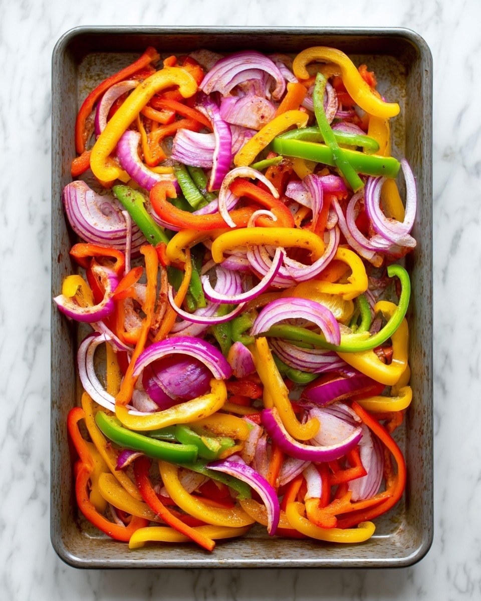 A tray filled with a mix of colorful sliced vegetables spread out evenly. The first layer consists of thin strips of green bell peppers running in different directions. On top and mixed evenly throughout are rings and slices of red onions with a light purple color. Bright yellow bell pepper strips are scattered across the tray in a loose pattern. There are also vibrant orange bell pepper strips and some red bell pepper pieces mixed in with the other vegetables. The tray sits on a white marbled surface. photo taken with an iphone --ar 4:5 --v 7