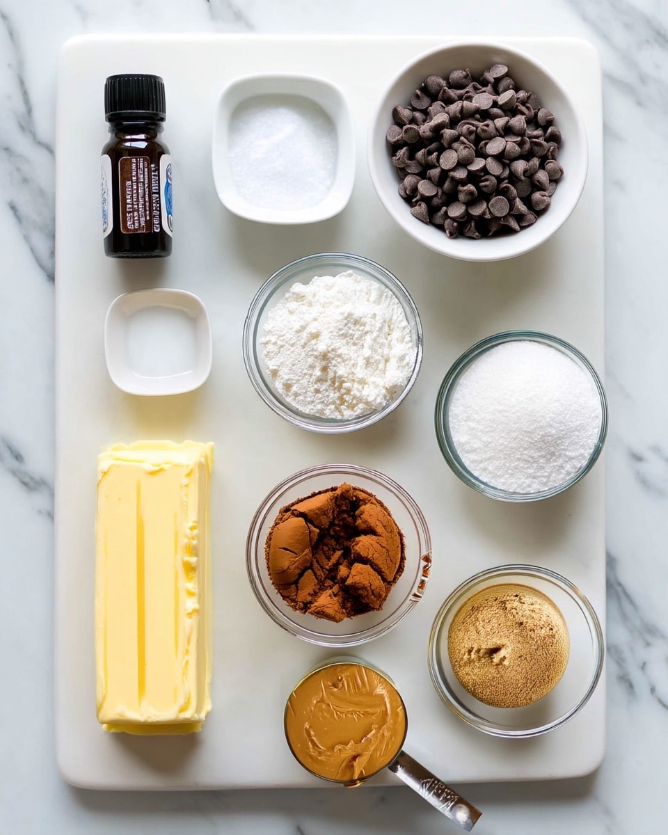The image shows a flat lay of nine ingredients arranged neatly on a white marbled surface. At the top left is a small black bottle with a white label, beside it to the right is a small white bowl containing white powder. Next to this bowl on the right is a larger clear bowl filled with small dark brown chocolate chips. Below the bottle, there is a small empty white bowl, to its right is a medium clear bowl filled with white granulated sugar, and to the right of the sugar bowl is a small clear bowl with a cracked brown powder, likely cinnamon or cocoa. Below the small empty bowl is a stick of unsalted butter in its yellow wrapper. To the right of the butter is a small clear bowl with flour or powdered sugar, and next to this is a small clear bowl filled with light brown sugar or peanut butter powder. At the bottom left is a small clear bowl with one cracked raw egg yolk, and to the right, there is a metal measuring spoon filled with smooth peanut butter. The composition is clean and bright. Photo taken with an iphone --ar 4:5 --v 7