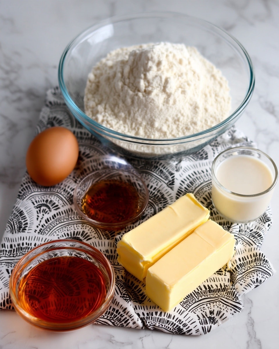 A glass bowl filled with white flour sits on a black and white patterned cloth over a white marbled surface. Below the bowl, two sticks of yellow butter lie side by side. In front of the butter, there is a brown egg centered between a clear glass bowl of white sugar on the left, a small glass container of amber liquid in the middle, and a small glass cup filled with white milk on the right. All items are arranged neatly in a flat lay style. Photo taken with an iphone --ar 4:5 --v 7