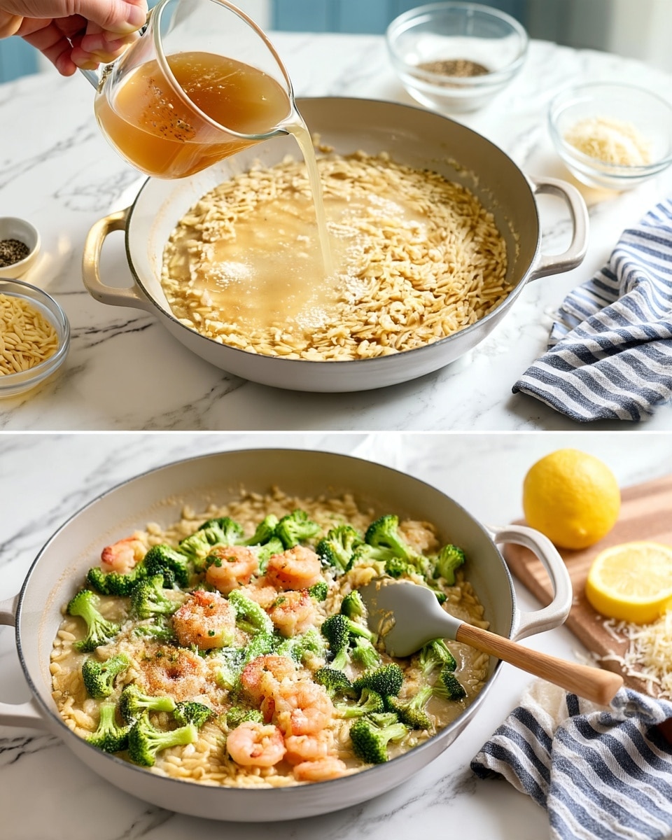 The first part shows a large white pan filled with small pale orzo pasta, with light brown broth being poured in by a woman's hand from a clear glass container. The pan rests on a white marbled surface, surrounded by small clear bowls holding dry orzo, black pepper, and grated cheese, alongside a blue and white striped cloth on the right side. The second part of the image shows the same white pan now with orzo cooked in broth, topped with bright green broccoli florets and light pink shrimp pieces. A woman's hand is stirring the mixture with a gray spatula that has a wooden handle, and a wooden board with finely grated cheese, a lemon, and a small pile of orzo is placed on the right on the white marbled surface. photo taken with an iphone --ar 4:5 --v 7