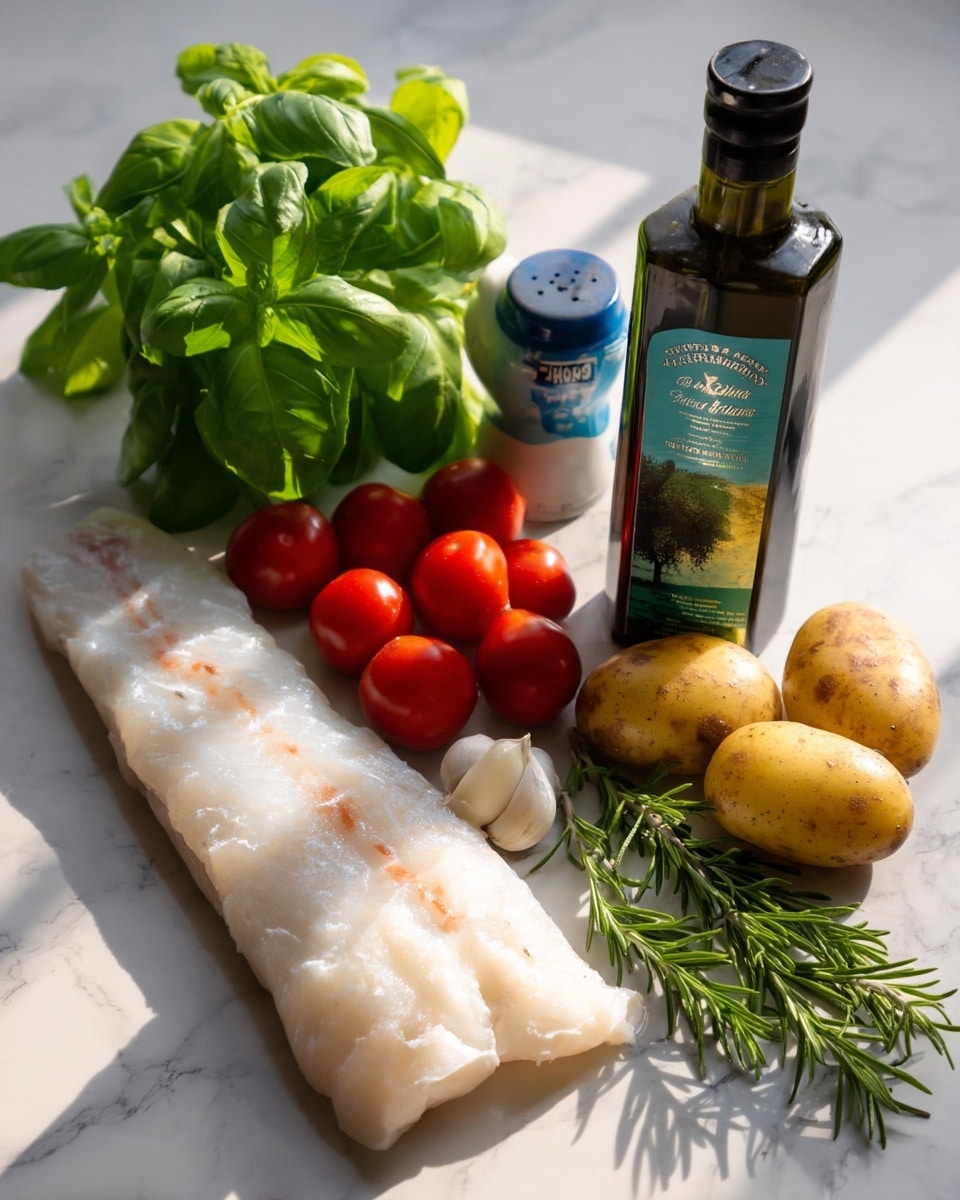 The image shows a white marbled surface with a row of fresh ingredients placed side by side. Starting from the left, there are three small round red tomatoes sitting next to a small bunch of bright green basil leaves. In front of the basil, a single peeled white garlic clove rests on the surface. Beside the basil and garlic, there is a thick, raw white fish fillet with a smooth texture and slight pinkish hue. Behind the fish, a blue and white salt container and a light brown wooden pepper grinder stand upright. To the right, a tall dark green bottle of olive oil is visible, with a label showing an olive tree and some text. In front of the bottle, three medium-sized round yellow potatoes with light brown spots are arranged along with green sprigs of fresh rosemary. The bright lighting casts soft shadows, and the whole setup is clean and simple, focused on fresh cooking ingredients. Photo taken with an iphone --ar 4:5 --v 7