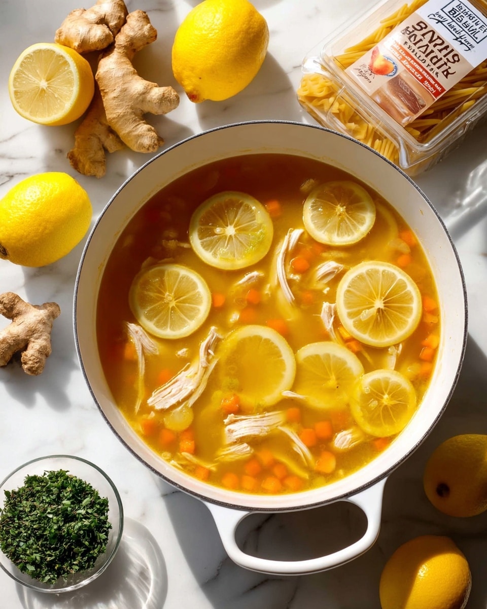 A large white pot filled with clear golden broth, showing multiple thin slices of lemon floating on top, mixed with small orange carrot pieces and shredded light-colored chicken layered beneath the lemon slices. The pot has white handles on both sides and sits on a white marbled surface. Surrounding the pot are whole lemons, garlic, ginger root, a carton of bone broth, a small bowl of chopped green herbs, and some dry pasta in a clear container. The scene is bright with natural light, highlighting the fresh ingredients around the pot. Photo taken with an iphone --ar 4:5 --v 7