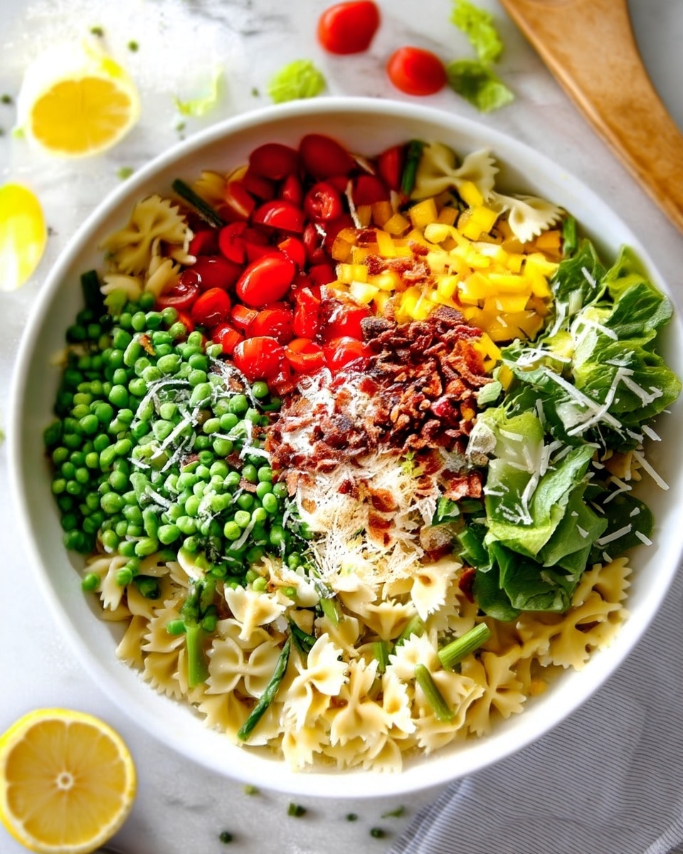 A white bowl filled with farfalle pasta forming the base layer, topped with sections of bright green peas, halved red cherry tomatoes, diced yellow bell peppers, and shredded green lettuce. In the center, there is a small mound of finely chopped brown bacon bits sprinkled with grated white cheese. The bowl sits on a white marbled surface with lemon slices and extra cherry tomatoes scattered nearby, and a woman’s hand holding a wooden spoon is seen at the edge. photo taken with an iphone --ar 4:5 --v 7