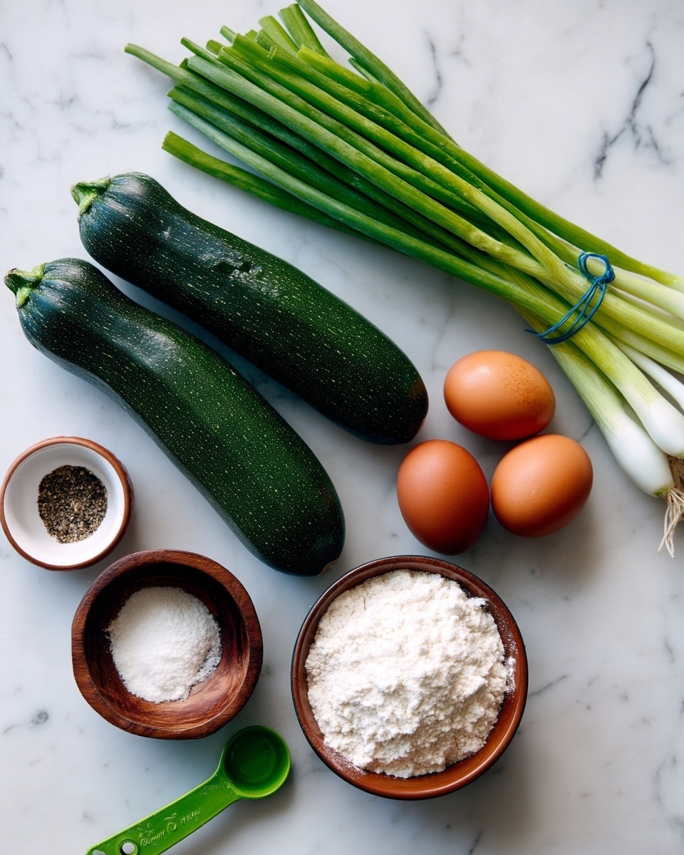 The image shows two dark green zucchinis with smooth skin lying side by side on a white marbled surface. Next to them is a small bunch of fresh green onions tied with a blue rubber band. To the right, there are two whole brown eggs placed close together. Above the eggs are three small bowls: one wooden bowl with white salt, one white bowl with ground black pepper, and one red bowl with white baking powder. Below these bowls is a green measuring spoon filled with white flour, all arranged neatly on the white marbled background photo taken with an iphone --ar 4:5 --v 7