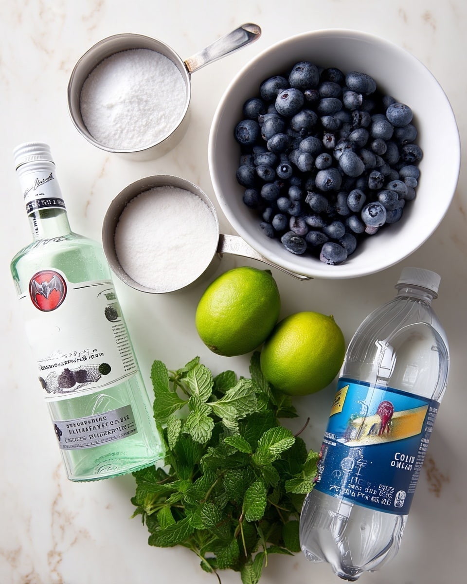 The image shows a top view of several ingredients arranged on a white marbled surface. On the left, there is a tall clear bottle with a white label and a red bat logo. Next to it is a metal measuring cup filled with a white powdery ingredient. Above it is a white bowl filled with fresh blueberries. To the right of the bowl are three whole limes grouped together. Below the limes, there is a bunch of fresh green mint leaves. On the far right, there is a clear plastic bottle of club soda with a blue and yellow label. The overall scene is bright with natural light and all items are spaced apart neatly. photo taken with an iphone --ar 4:5 --v 7