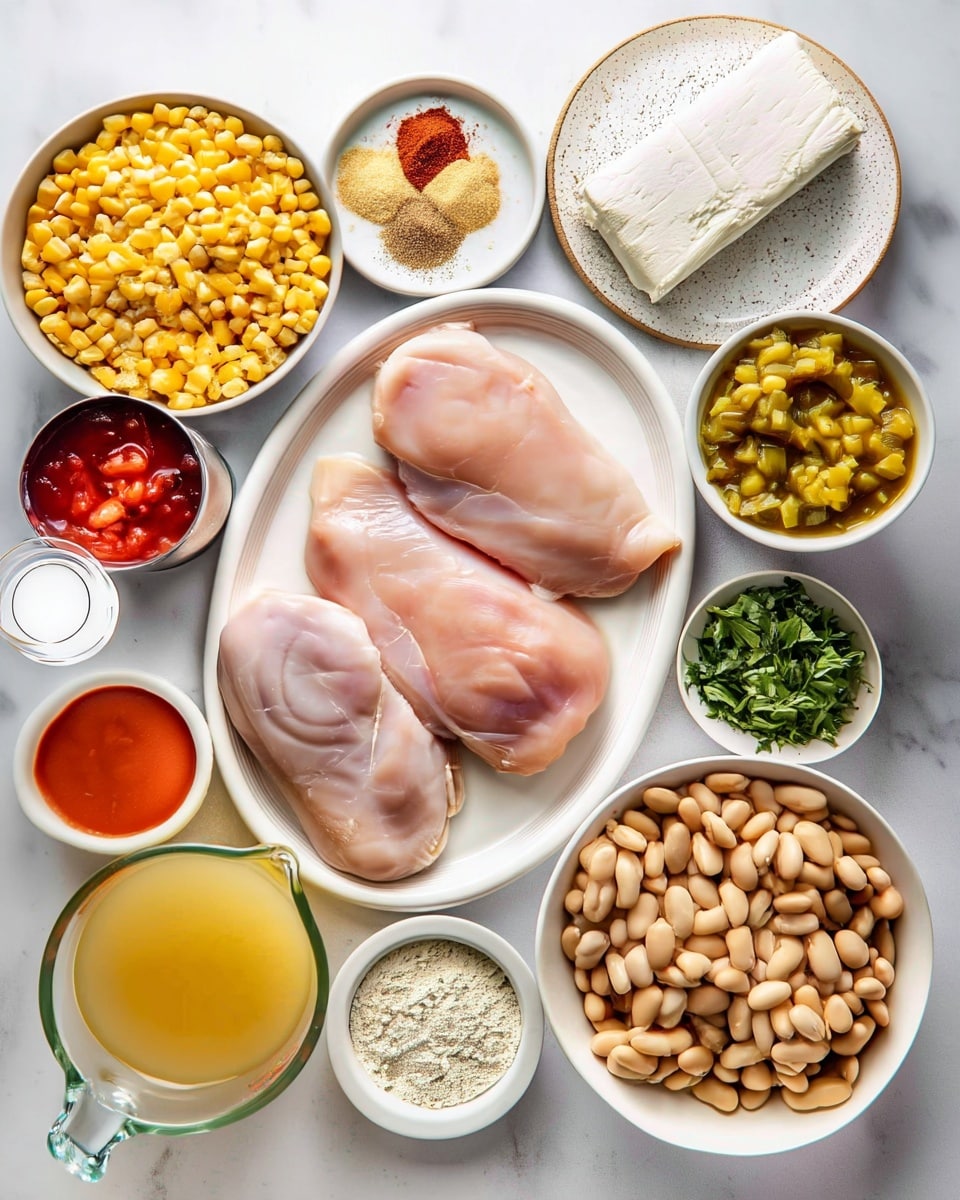 The image shows three raw light pink chicken pieces neatly placed on a white oval plate in the center. Surrounding the plate are multiple white bowls and a small pitcher on a white marbled surface. Starting from the top left, there is a bowl filled with bright yellow corn kernels. Next to it is a small plate with four different colored spices: red, beige, light brown, and dark brown. At the top right, a white plate holds a rectangular block of white cheese. Below it, a bowl contains green diced pickled vegetables. To the right of the chicken plate, a bowl is filled with finely chopped dark green herbs. Beneath that is a bowl of light beige beans. At the bottom center, a small bowl holds a light powdery substance. To the left, a glass measuring cup is filled with a light yellow liquid. Nearby there is a small white bowl with a deep orange sauce, and above it, a shiny can with red salsa inside. Photo taken with an iphone --ar 4:5 --v 7