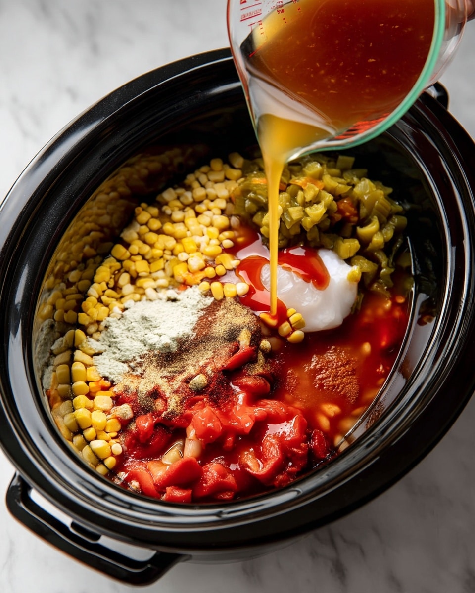 Inside a black slow cooker, there are several layers of ingredients. On the left side, there is a layer of yellow corn kernels. Next to it on the right, there is a pile of green chopped pickles. Below them, towards the center, there is a dollop of white sour cream with some red sauce on top. Around and below, there are red diced tomatoes mixed with different brown and reddish spices scattered on the surface. A liquid broth is being poured into the slow cooker from the right side, coming from a glass measuring cup. The slow cooker is placed on a white marbled surface. Photo taken with an iphone --ar 4:5 --v 7
