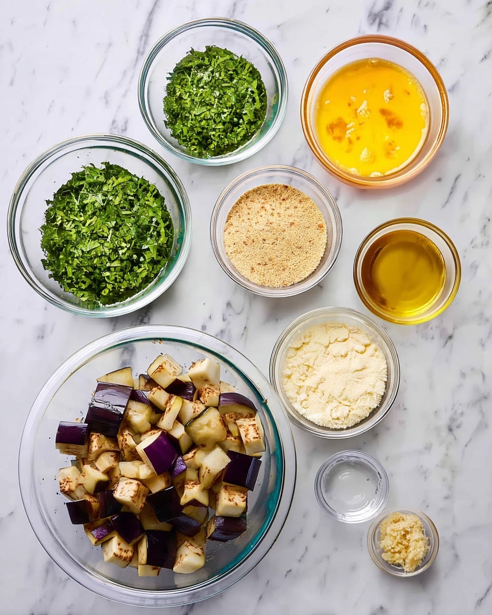 The image shows seven clear glass bowls placed on a white marbled surface. At the bottom left is a bowl filled with light brown and purple diced eggplant pieces, showing a mix of smooth skin and pale flesh. To its upper left is a bowl with bright green chopped herbs, finely cut. On the top center is a bowl with light tan breadcrumbs, slightly coarse in texture. To the top right is a bowl with a yellow-beaten egg with visible foam bubbles. To the middle right is a bowl with pale yellow Parmesan cheese powder, finely grated. Below it is a small bowl with clear olive oil, shiny and smooth. At the bottom right corner is a tiny bowl with minced garlic, small pale pieces. The arrangement is neat, all bowls visible with clear contents. Photo taken with an iphone --ar 4:5 --v 7