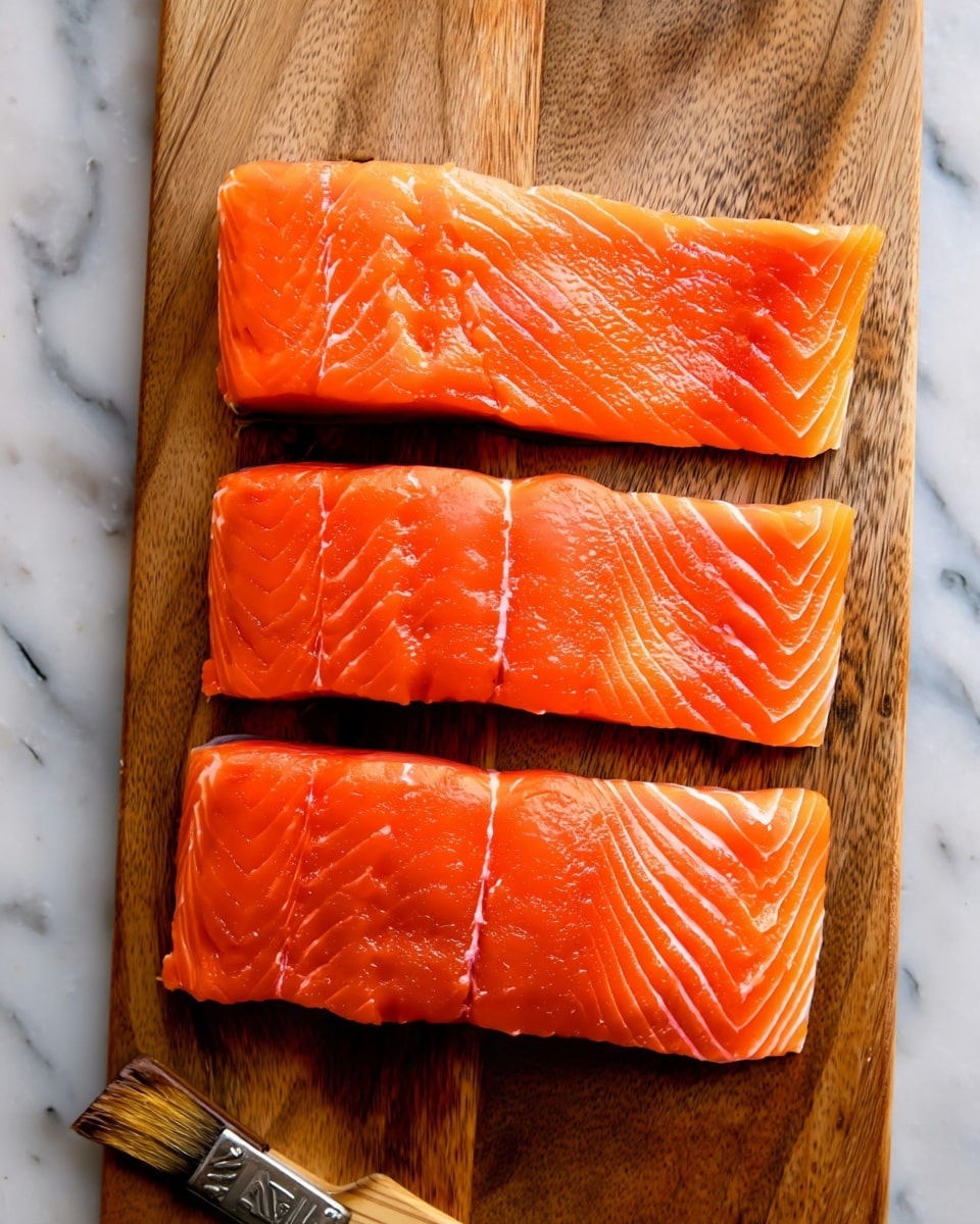 The image shows three bright orange raw salmon fillets laid out in a row on a wooden cutting board with visible grain patterns. Each fillet has clear, light diagonal lines running from one side to the other, showing the natural texture of the fish. The cutting board sits on a white marbled surface that adds contrast to the vibrant color of the salmon. In the bottom left corner, there is a paint brush with a wooden handle placed next to the board. photo taken with an iphone --ar 4:5 --v 7