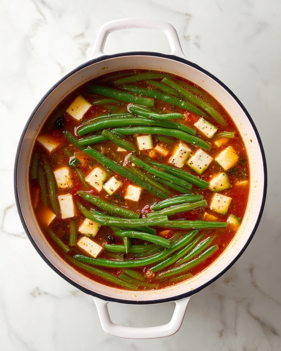 A white pot filled with a soup that has a red tomato-based broth as the first layer. Inside the soup, there are several green beans shown as long green layers evenly spread throughout. Floating on top are many small white cubes that look like pieces of cheese or tofu, scattered evenly. The pot has two handles and sits on a white marbled surface, viewed from above. photo taken with an iphone --ar 4:5 --v 7
