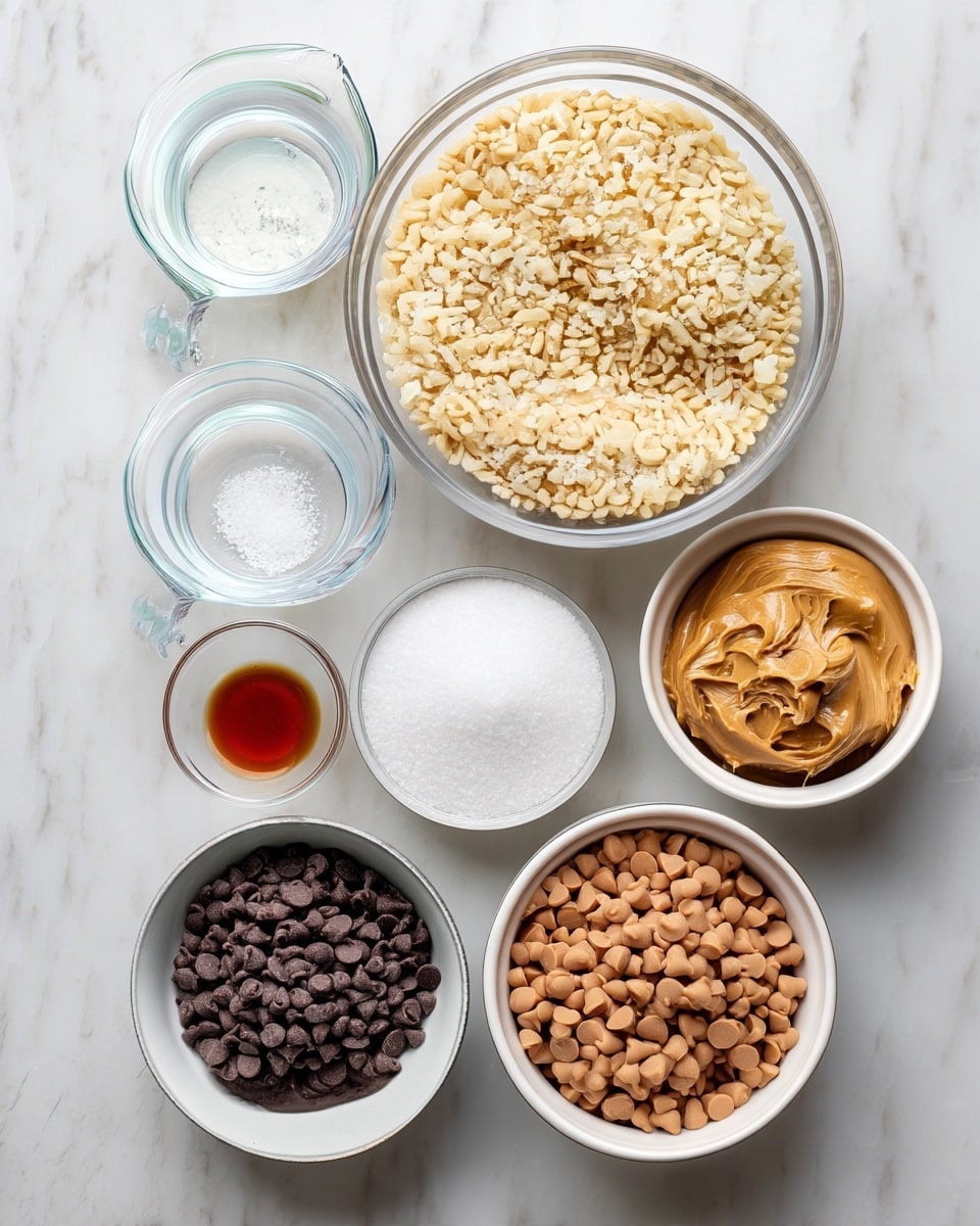 The image shows an overhead view of several clear and white bowls placed on a white marbled surface. At the center is a large clear bowl filled with light beige puffed rice. Above it, to the right, is a white bowl full of light brown peanut butter with a smooth, swirled texture. Next to the peanut butter is another white bowl filled with light brown butterscotch chips. Below the puffed rice bowl, there is a white bowl with dark brown chocolate chips. On the left side, there are three small clear bowls arranged vertically: the top one has clear water, the middle one holds white granulated sugar, and the bottom one contains a coarse white salt. There is also a small bowl with amber-colored vanilla extract placed between the water and sugar bowls. The neat arrangement of ingredients creates a clean and organized look photo taken with an iphone --ar 4:5 --v 7