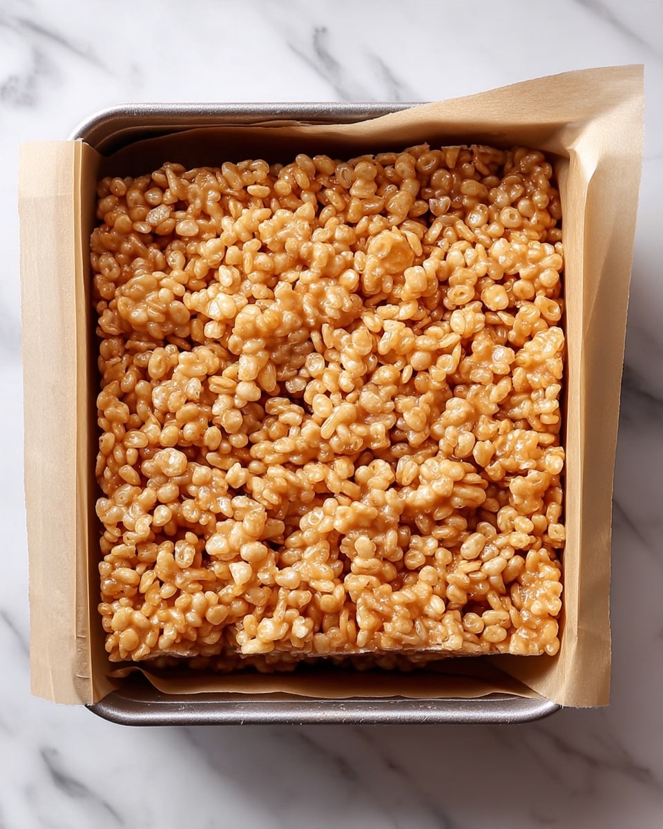 The image shows a close-up top view of a single thick layer of golden brown crispy rice treat inside a metal square baking pan lined with parchment paper on two sides. The treat has a sticky, slightly shiny texture with tightly packed round rice puffs that are evenly coated in a smooth caramel-colored mixture. The pan sits on a white marbled surface, and the edges of the parchment paper are folded neatly over the sides of the pan. photo taken with an iphone --ar 4:5 --v 7