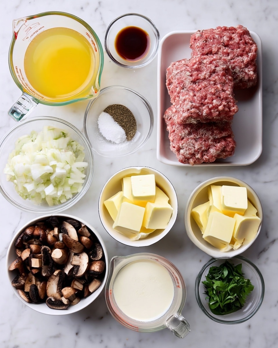 A top view of several ingredients in different white and clear bowls on a white marbled surface, arranged neatly. Starting from the top left, there is a clear measuring cup with yellow broth, next to it a small clear bowl with dark brown sauce, a small clear bowl with minced garlic, and another small clear bowl with salt and black pepper. Below these, a white bowl holds three large pieces of raw ground meat with a rough texture. To the right, a small white bowl has thick, pale yellow butter cubes, and below that, a small clear bowl with chopped green herbs. In the middle bottom row, there's a white bowl with chopped dark brown mushrooms and a clear bowl filled with light brown sliced mushrooms. Next to the mushroom bowls, a small white bowl has diced white onions, and a clear measuring cup filled with white cream completes the layout. Photo taken with an iphone --ar 4:5 --v 7