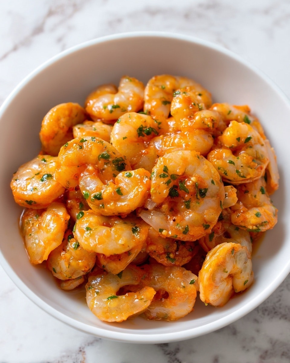 A white bowl is filled with many cooked shrimp that are light orange and slightly translucent with some glossy texture. The shrimp are mixed with small green herbs and coated in a thin orange sauce. The background shows a white marbled surface. photo taken with an iphone --ar 4:5 --v 7