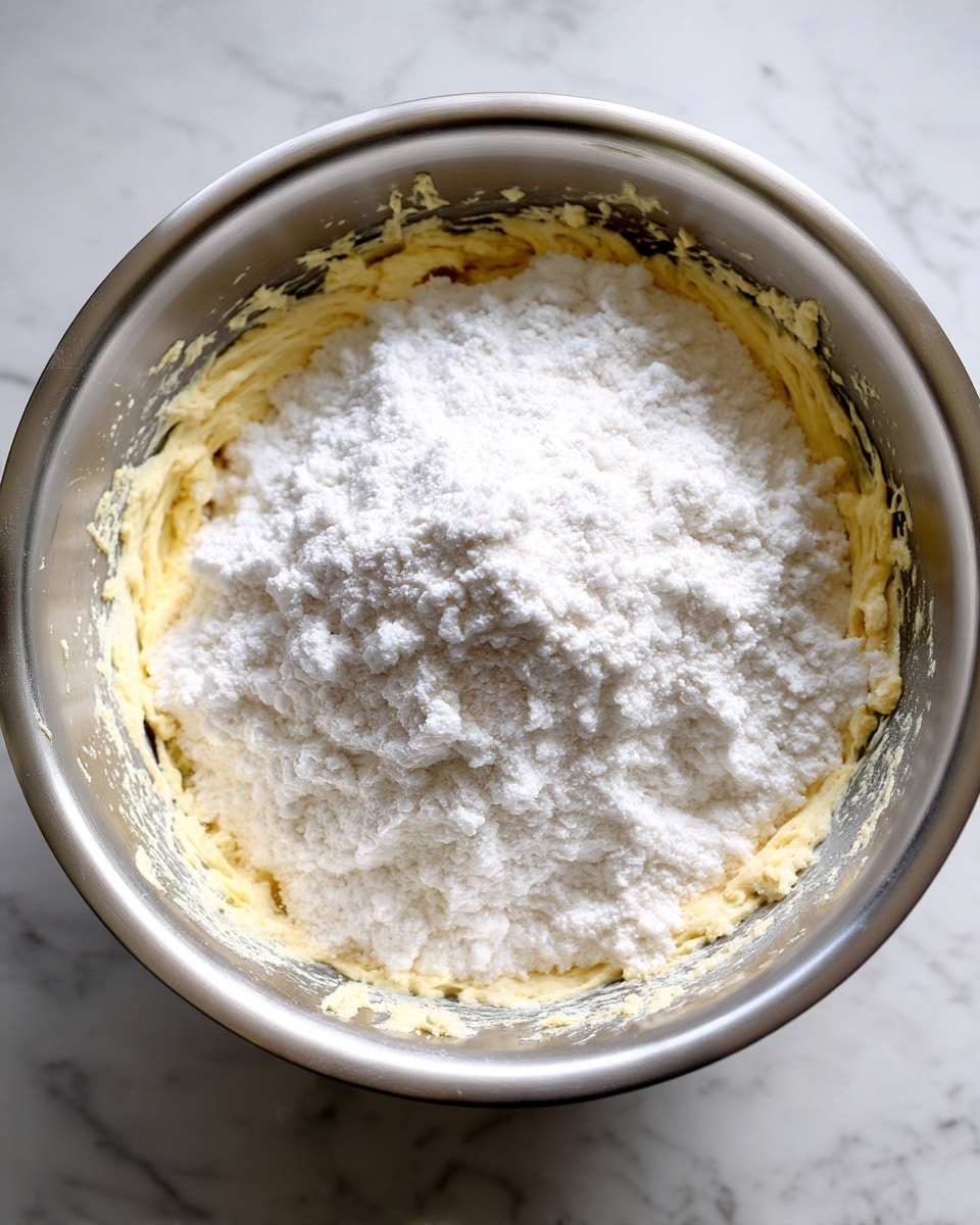 A top view of a silver mixing bowl sitting on a white marbled surface, filled with two main layers: a base layer of light yellow, creamy mixture, and a thick dusting of white flour piled evenly on top, covering most of the creamy texture around the edges. The flour and mixture contrast softly against the smooth silver bowl inner walls. photo taken with an iphone --ar 4:5 --v 7
