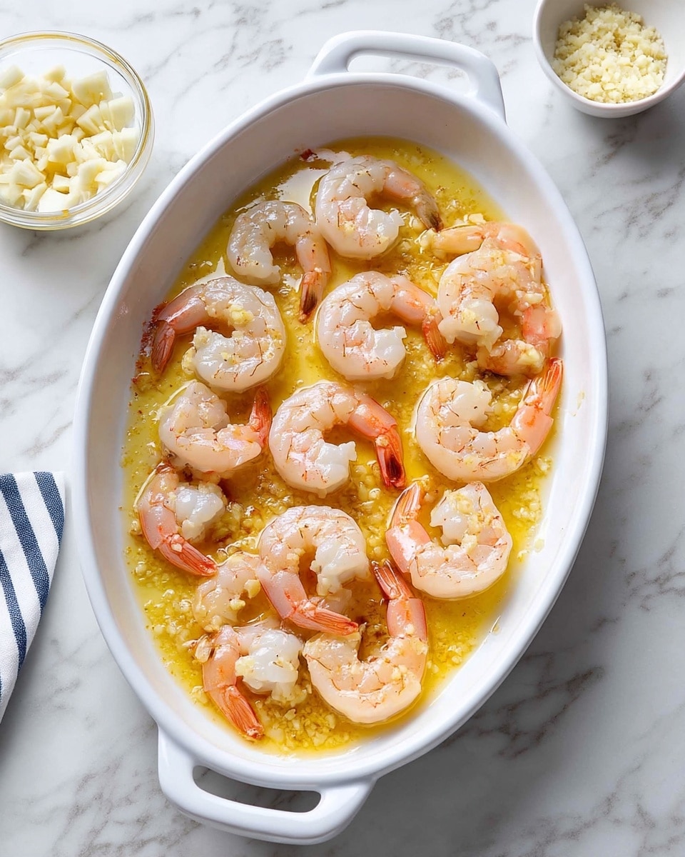 A white oval pan filled with peeled shrimp arranged in three curved rows around the pan, each shrimp partially curled and sitting in a shallow pool of golden garlic butter sauce with small minced garlic pieces scattered evenly, the shrimp are pale with slight pink and orange color near the tails, the pan rests on a clean white marbled surface with bowls of finely chopped garlic and a white bowl slightly visible around the edge, photo taken with an iphone --ar 4:5 --v 7