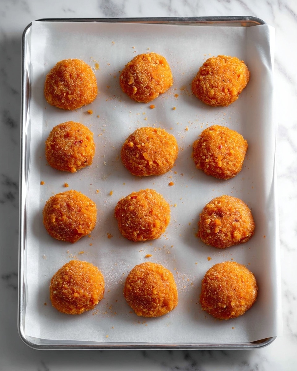 The image shows twelve round orange dough patties placed on two white parchment paper sheets lined on a tray. The patties have a rough texture with small bits visible, and they are arranged in neat rows. The surface underneath the parchment is a white marbled texture, with a few smudges of flour scattered around the dough patties. The lighting is soft, highlighting the coarse texture of the dough. photo taken with an iphone --ar 4:5 --v 7