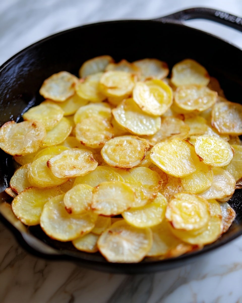 A close-up of a black cast iron pan filled with a single layer of thin, round potato slices cooking on a stove. The potato slices are pale yellow with some edges slightly golden brown and crispy. The pan surface shows slight oil shine, and the background has a white marbled texture. Photo taken with an iphone --ar 4:5 --v 7