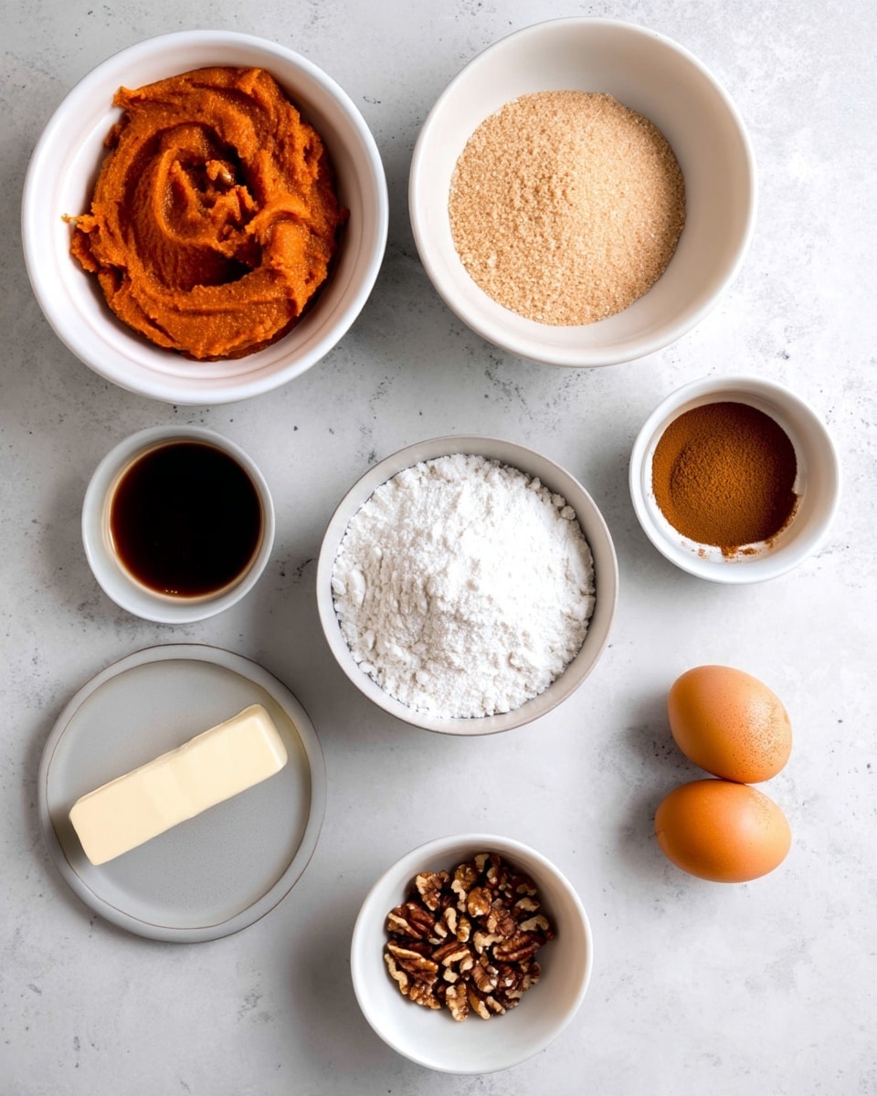 The image shows an overhead view of baking ingredients arranged on a white marbled surface. There are seven white bowls and one plate. At the top left, a white bowl holds a thick, orange puree. To the right, another white bowl contains light brown soft sugar. In the center, a white bowl is filled with white flour. Below, a grayish-white plate carries a stick of butter. Next to it, a small white bowl contains dark brown liquid, likely vanilla extract. On the bottom right, a small white bowl holds chopped nuts. Near the nuts, a tiny white bowl contains ground cinnamon. In the middle right, a white dish has two piles of powder—one brown and one white, probably spices. Finally, two brown eggs sit on the surface at the mid-right. The layout is clean and spaced out evenly. Photo taken with an iphone --ar 4:5 --v 7