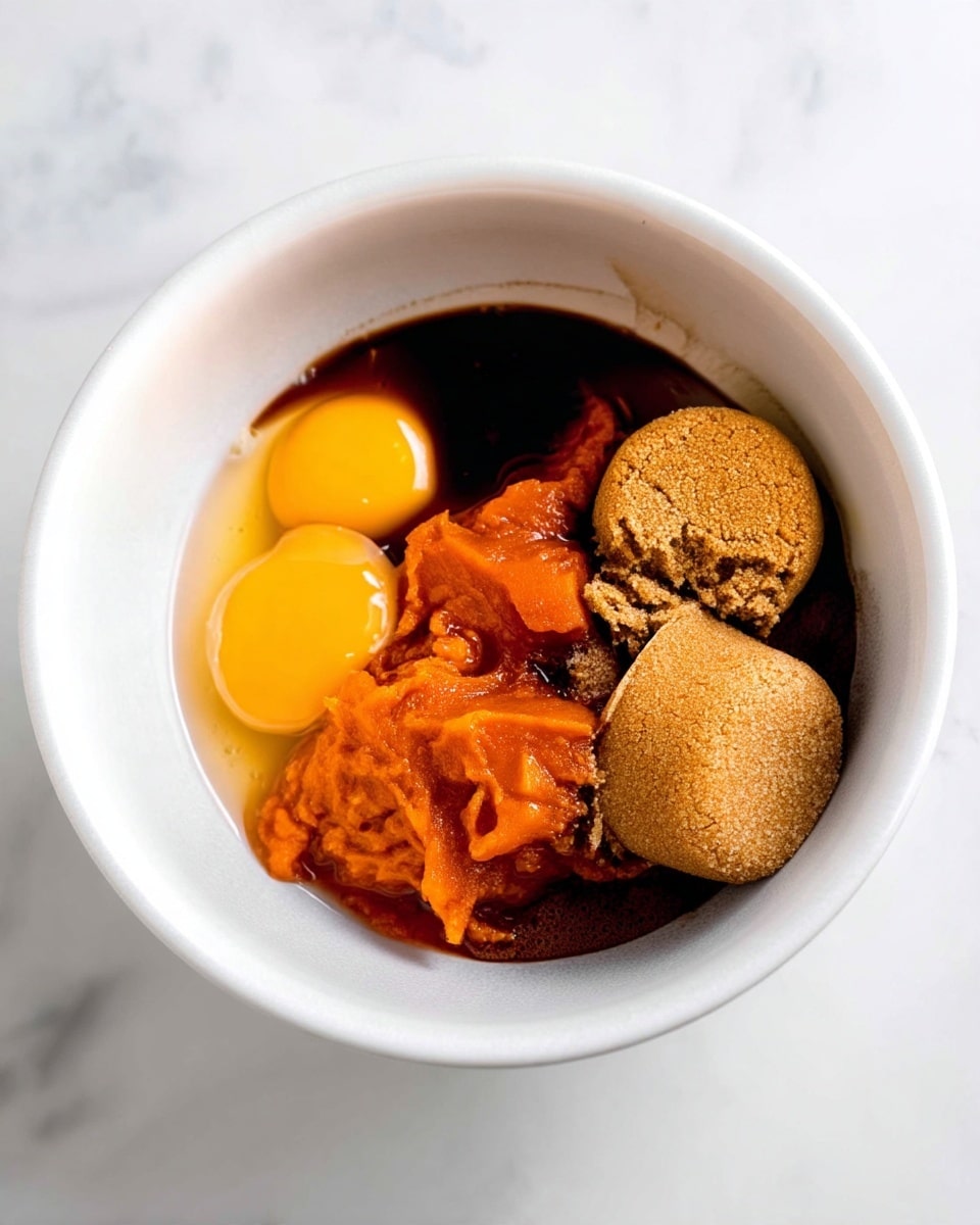 A white bowl sits on a white marbled surface, filled with four different ingredients that create distinct layers and colors. One layer is a raw egg yolk with a bright yellow color and smooth texture, positioned near the edge. Next to it is a dark, shiny liquid layer that fills much of the bottom of the bowl. On top of this is a rough, thick orange layer of pumpkin puree, spread unevenly. Finally, two round, brown sugar piles with a crumbly texture are placed partially on the pumpkin puree, adding a soft light brown contrast. Photo taken with an iphone --ar 4:5 --v 7
