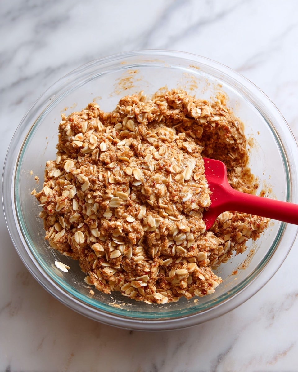 A clear glass bowl sitting on a white marbled surface holds a mixture of oats and other ingredients in a thick, sticky light brown mass. The mixture looks coarse with whole oats visible, mixed evenly throughout. A red silicone spatula is partly inside the bowl, resting on the right side with some oats clinging to it. The texture looks dense and rough with specks of darker brown spread throughout. Photo taken with an iphone --ar 4:5 --v 7