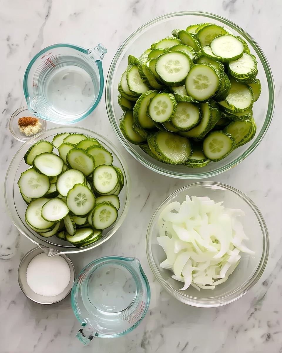 The image shows several clear glass bowls and two clear measuring cups on a white marbled surface. One large bowl contains many thinly sliced green cucumbers with dark green edges. Another large bowl holds white sliced onions with a slightly translucent texture. Two clear measuring cups are filled with clear water. A small metal bowl contains white granulated sugar, and two tiny glass bowls have minced garlic and ground black pepper. The arrangement is neat and simple, with a focus on fresh, raw ingredients. Photo taken with an iphone --ar 4:5 --v 7