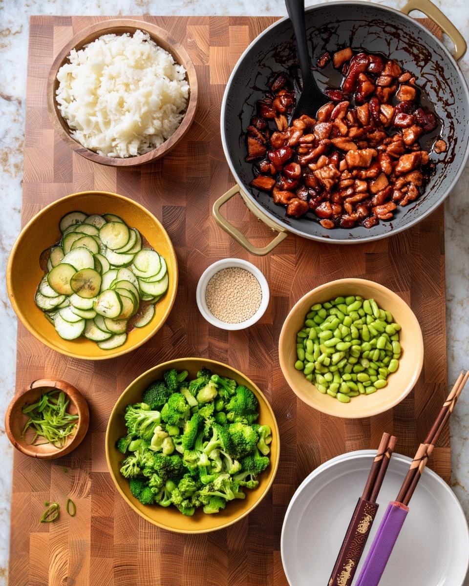 A food layout shows several dishes on a wooden surface with a white marbled texture. At the top right, there is a large pan filled with many small pieces of shiny, dark brown cooked meat sitting in a sauce, and a black spoon is inside the pan. At the top left, there is a wooden bowl filled with white rice. Below the rice, a mustard-yellow bowl holds thin green cucumber slices soaked in a light sauce. At the bottom center, a larger mustard-yellow bowl is filled with bright green broccoli florets. To the right of the broccoli, another mustard-yellow bowl holds green edamame beans. In the middle, a small white bowl contains light-colored sesame seeds. At the bottom right, a white plate holds two pairs of wooden chopsticks with decorative handles, one wrapped with a purple sleeve and the other with a dark brown sleeve. Photo taken with an iphone --ar 4:5 --v 7