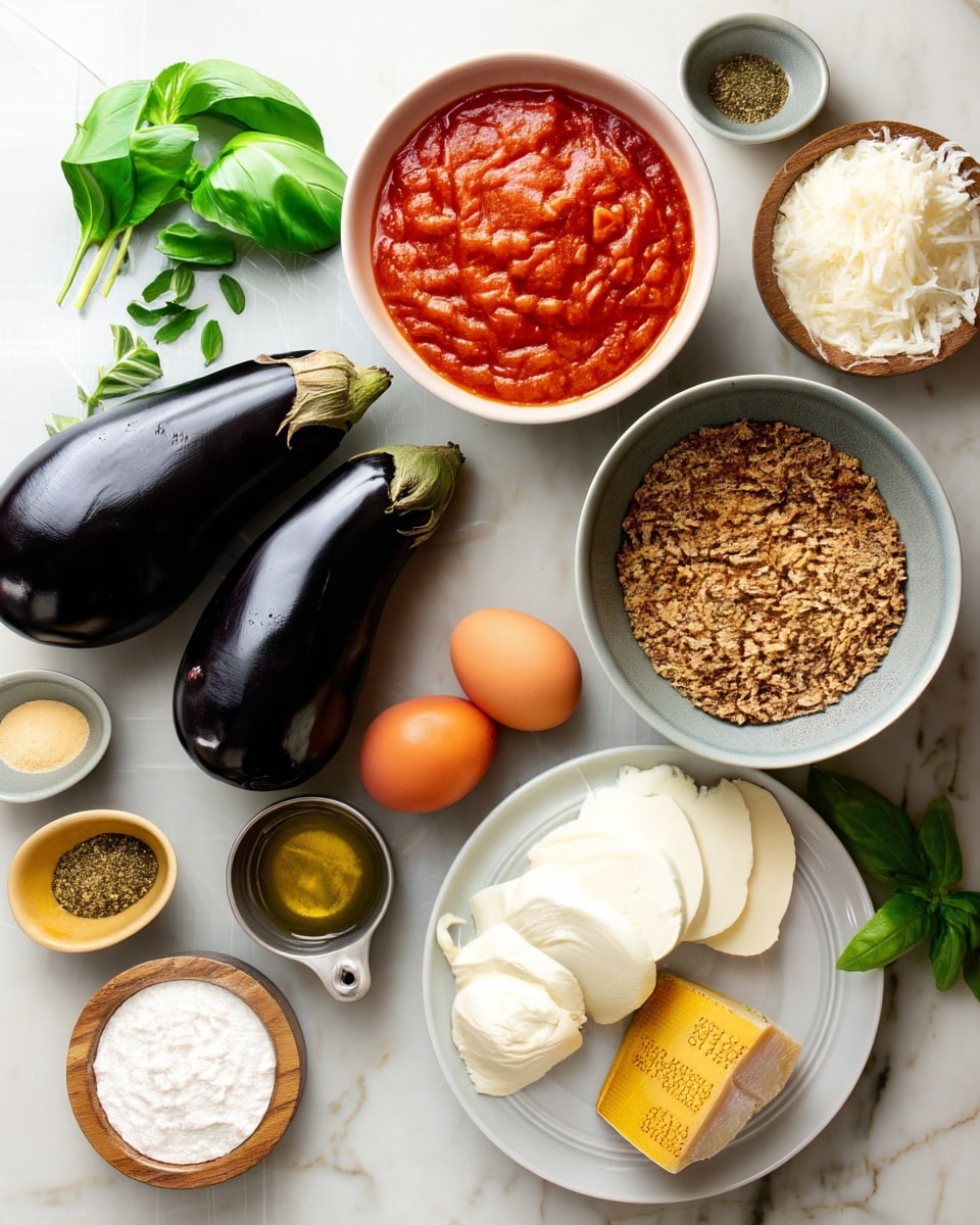 The image shows raw ingredients for a dish placed on a white marbled surface. There are two large dark purple eggplants, one bowl of thick red tomato sauce, and one bowl filled with coarse brown breadcrumbs. Near them are two whole brown eggs and a white plate with several slices of white mozzarella cheese and a wedge of hard yellow cheese. Smaller bowls contain white flour, green dried herbs, garlic powder, and a small container of olive oil. Fresh green basil leaves and small green herb sprigs are also seen in the top left corner. The setup is neat and organized, showing each ingredient clearly. Photo taken with an iphone --ar 4:5 --v 7