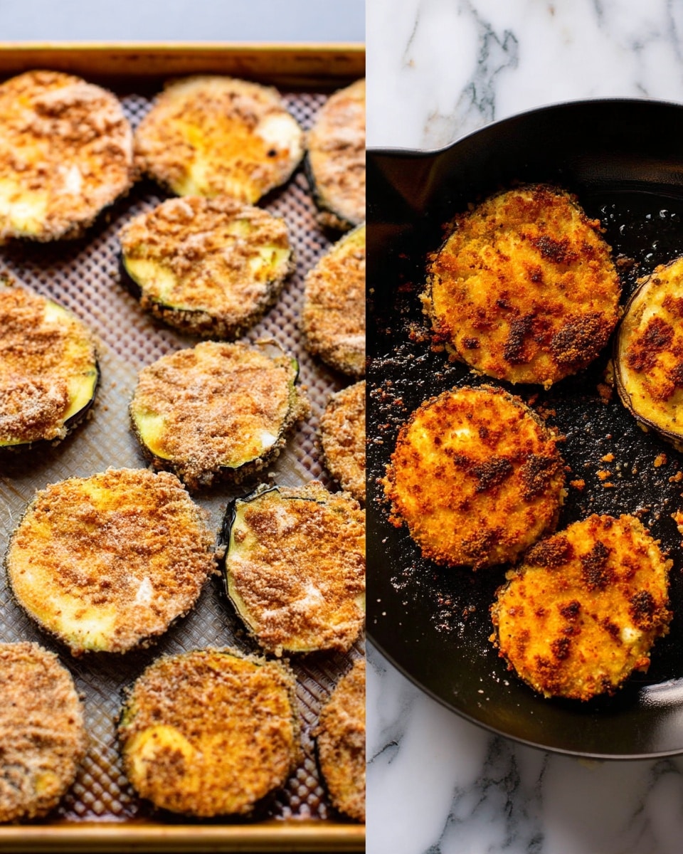 The image shows two side-by-side views of round slices of eggplant. On the left, many eggplant slices are evenly placed on a baking sheet, coated with a thick layer of light brown crumb mixture that covers the entire top and edges of each slice. On the right, four eggplant slices are frying in a black cast iron pan. They have a golden-brown crispy crust with darker charred spots and a textured crumb surface, showing a rustic cooking process. The background is a white marbled surface photo taken with an iphone --ar 4:5 --v 7