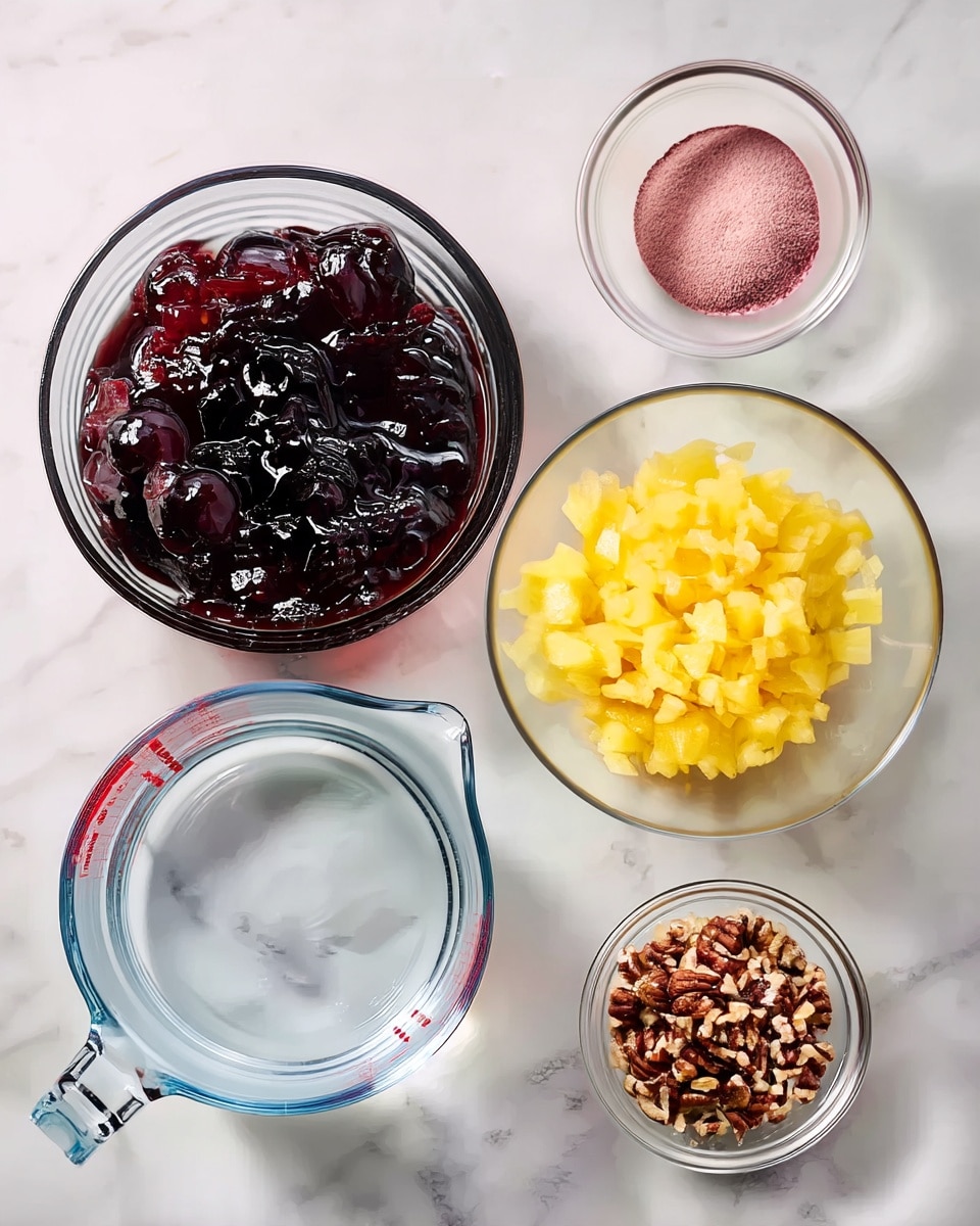 The image shows five clear glass containers placed on a white marbled surface. Starting from the top left, there is a medium bowl filled with dark purple cherry preserves that look thick and glossy. To its right is a small bowl holding light pink powder with a smooth texture. Below the cherry preserves, to the bottom left, is a glass measuring cup with clear water inside and red measurement marks on the side. To its right, a medium bowl contains small, bright yellow pineapple chunks. The last small bowl, placed between the pineapple and measuring cup, contains a mix of chopped brown and beige pecans. The containers display a neat arrangement with bright and contrasting colors of ingredients. Photo taken with an iphone --ar 4:5 --v 7
