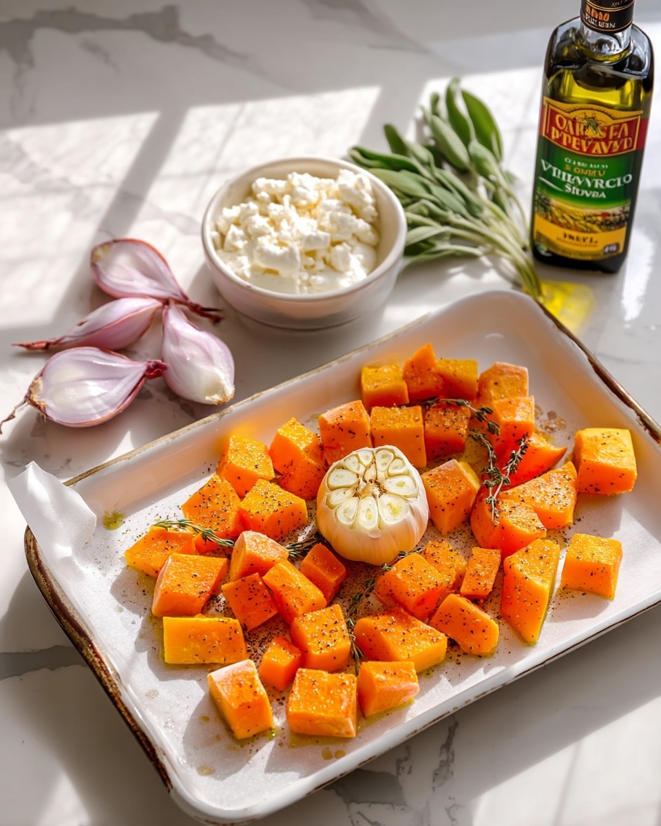 A white baking tray lined with white parchment paper holds a single layer of bright orange cubed butternut squash pieces seasoned with herbs and black pepper, scattered around a halved head of garlic in the center. To the left on a white marbled surface, there are three halved shallots with pale purple skin beside a small bunch of fresh green sage leaves and a bottle of Spanish extra virgin olive oil with a yellow and green label. Behind the tray, three small white bowls are lined up, containing crumbly white feta cheese, a creamy white cheese spread, and a dark honey-like liquid, all placed on the white marbled surface. Sunlight casts soft shadows over the scene. Photo taken with an iphone --ar 4:5 --v 7