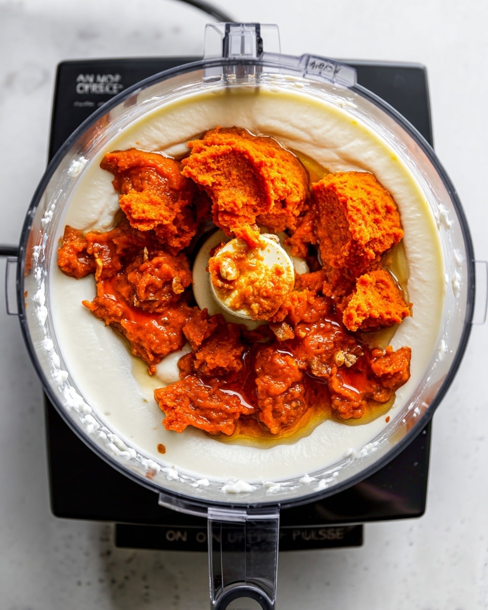 The image shows a close-up top view of a food processor bowl with a creamy white base layer inside. On top of this smooth, thick white layer, there are chunks of bright orange paste with a slightly coarse texture spread unevenly. The orange paste also has shiny, liquid-like areas that look like oil sitting on some parts of the orange chunks. The clear plastic food processor bowl sits on a black base with an