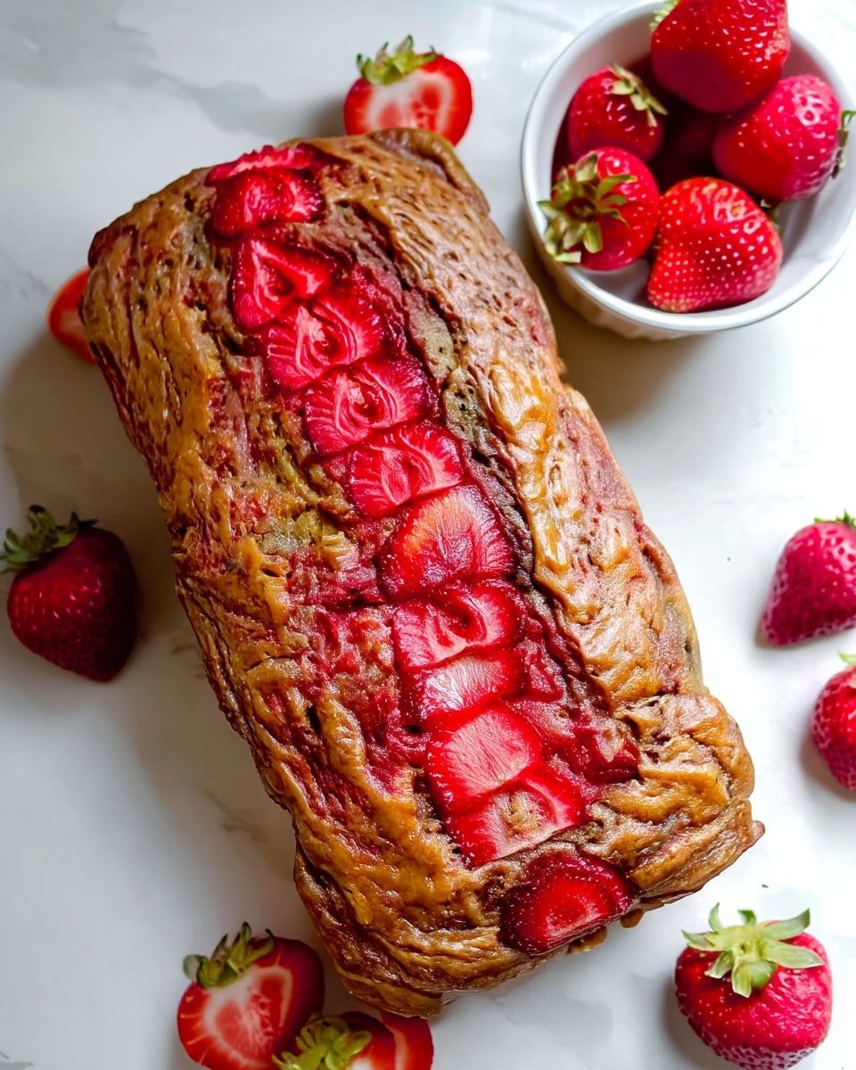 A loaf of strawberry bread sits on a white marbled surface, looking golden brown with a textured crust. On top of the loaf, there is a single row of bright red, sliced strawberries arranged neatly down the middle. Around the loaf, there are whole strawberries scattered, some with green tops visible, and a white bowl full of whole strawberries placed to the side. The sliced strawberries on top create a fresh and colorful contrast with the warm brown bread. Photo taken with an iphone --ar 4:5 --v 7