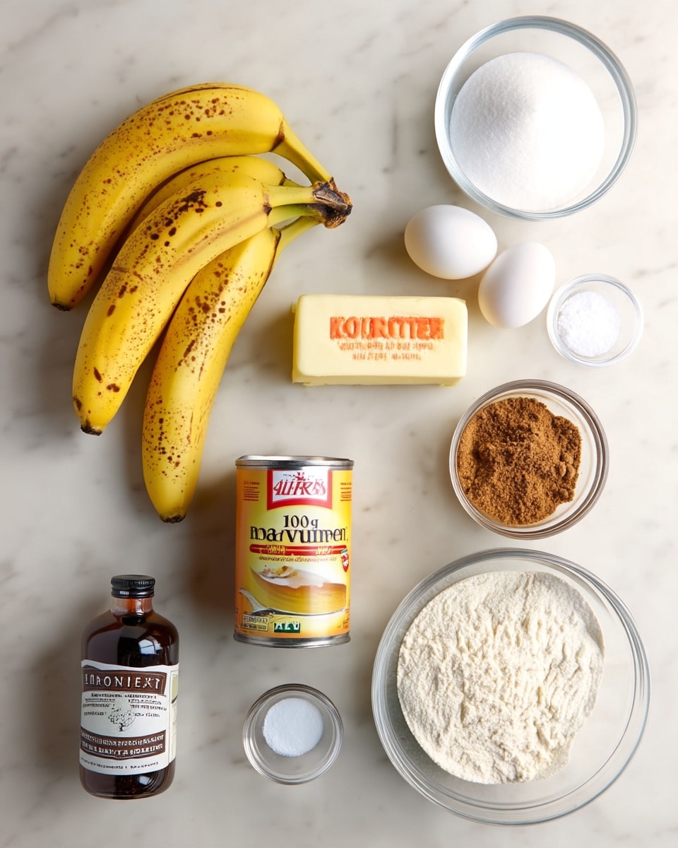 The image shows a flat top view of various baking ingredients arranged neatly on a white marbled surface. Starting from the top left, there is a bunch of three ripe yellow bananas with brown spots. To their right, a clear glass bowl filled with white sugar sits next to two white eggs placed side by side. Below the eggs, there is a stick of unsalted butter with a yellow color and orange text on the wrapper. Near the center, a can of 100% pure pumpkin with a yellow label is positioned. Below the can, a dark brown glass bottle of vanilla extract is placed. To the right of the bottle, a small clear glass bowl holds brown sugar, and next to it is a smaller bowl with ground cinnamon, light brown in color. Below these, two tiny bowls contain white salt and white baking powder. Finally, at the bottom right, a large clear glass bowl full of flour completes the setup. The layout is clean and organized, showing the ingredients clearly. Photo taken with an iphone --ar 4:5 --v 7